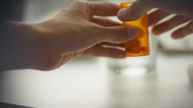 Woman carefully administers her daily health regimen, pouring pills from orange pharmacy bottle reaching glass water, underscoring importance self-medication vitamins for maintaining overall health