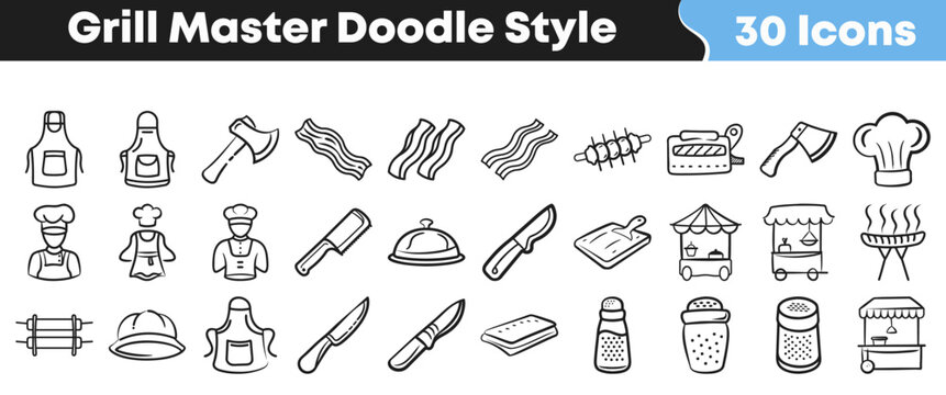Set of hand drawn doodle icons for grill master collection