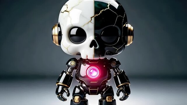 3D Render of a Futuristic Chibi Robot with Kintsugi Skull Head, White Marble and Dark Jade Textures, Glowing Pink Core on Black Background (AI Generated)