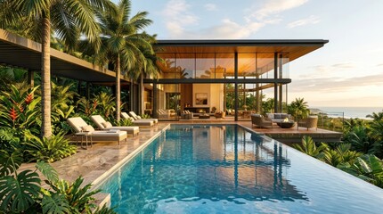 Obraz premium Modern villa with glass walls, surrounded by palms, features a serene infinity pool under a warm sunset sky