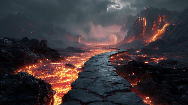 Fantasy stone path leading through a volcanic landscape with glowing lava rivers.
