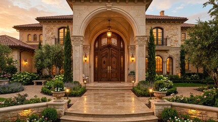 Obraz premium Elegant villa entrance with arch, wooden door, manicured garden, and warm lighting at sunset