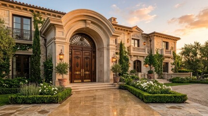 Fototapeta premium Luxurious mansion with grand entrance, elegant facade, lush gardens, and evening sunlight glow