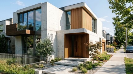 Fototapeta premium Modern two-story house with concrete and wood facade, large windows, surrounded by greenery