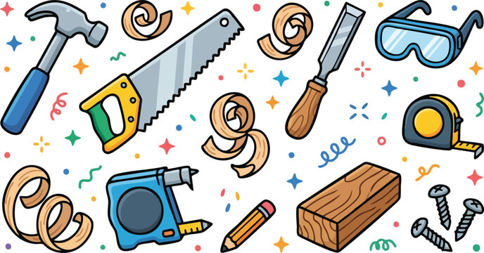 Woodworking Carpentry Tools Set Cartoon Doodle Vector Illustration