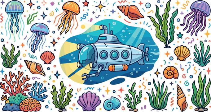 Cartoon Submarine and Underwater Marine Life Doodle Illustration
