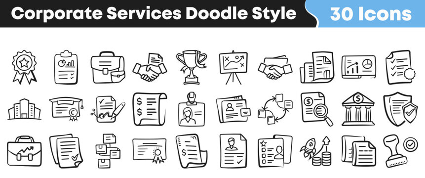 Hand drawn collection of various corporate services and business icons
