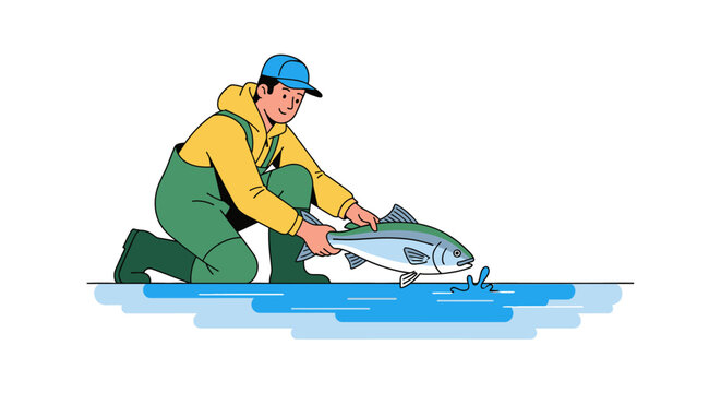 Fisherman holding a large fish isolated on white background flat illustration