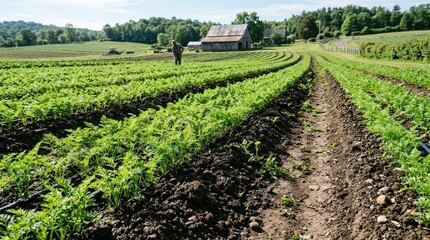 Obraz premium Lush greenery and crop rows lead to a rustic barn, embraced by verdant trees under a sunny sky