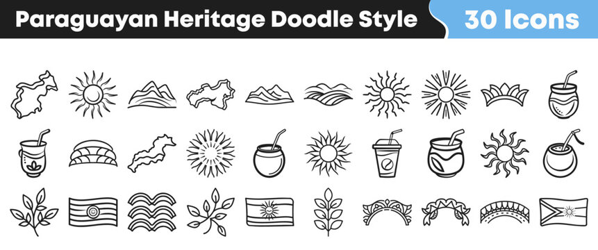 Set of diverse doodle style icons representing traditional Paraguayan cultural heritage