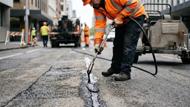 Municipal road worker applies hot bitumen to damaged asphalt seam during pavement repair on city street, close up view, clean commercial stock image, premium commercial stock visual, modern commercial