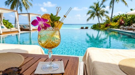 Obraz premium Tropical drink by infinity pool with palm trees, blue skies, and ocean view