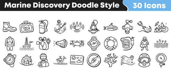 Collection of various marine discovery icons drawn in doodle style © Vectoravec
