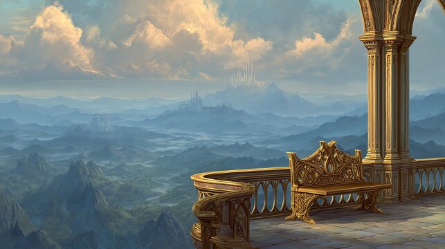 Fantasy balcony with ornate bench overlooking misty mountain valley at sunset.