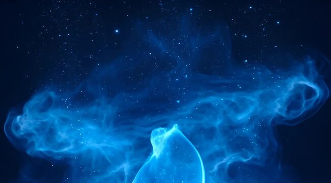 Rising blue ethereal smoke and glowing particles against a dark background, representing mystical energy, supernatural essence, magic, transformation, and abstract art