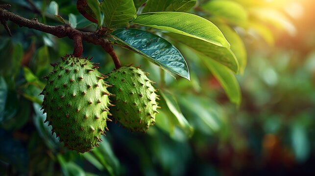 Exotic soursop fruit hanging on tree branch with lush green garden background, cinematic sunlight, and tropical farming atmosphere.