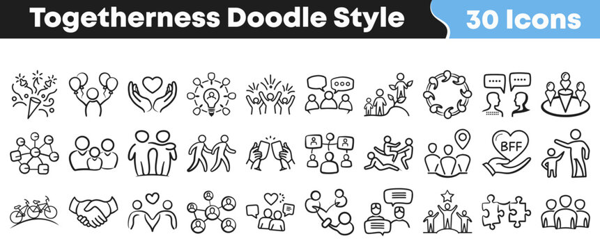 Collection of hand drawn doodle icons depicting human social connections