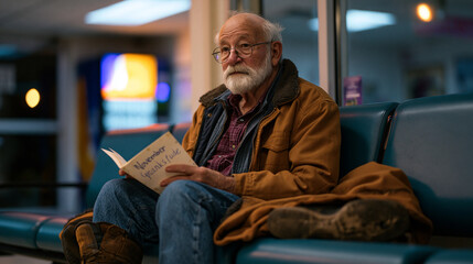 Fototapeta premium Hospital waiting room during a quiet overnight hour, a single elderly man seated under fluorescent lighting with a November-dated gratitude card open in his lap, coat folded beside him, worn shoes, 