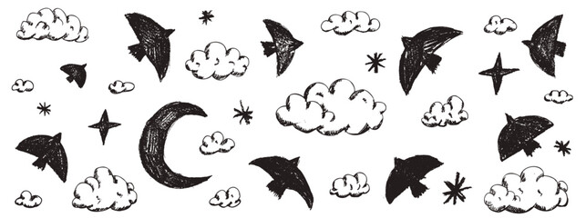 Charcoal bird set with cloud and crescent moon in crayon sketch. Flying birds in charcoal and sky with stars for greeting card print. Vector dove doodle in naive childish ink art and scribble. © Syuzann q