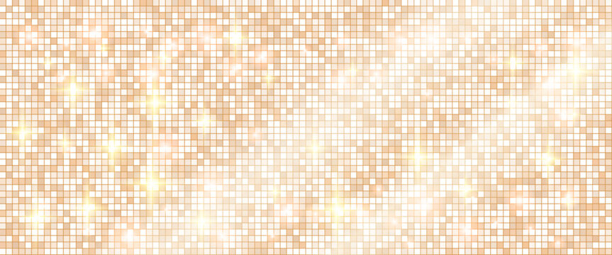 Sequin background in soft gradient glitter for wedding invite. Warm sequin mosaic on a pale background by gentle light. Vector disco ball backdrop with mirror tile shimmer for Christmas promo bg.