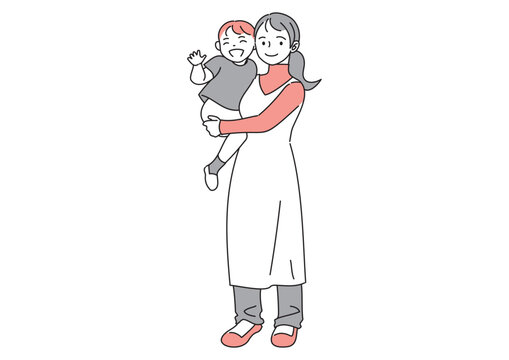 幼児を抱えた女性の全身図