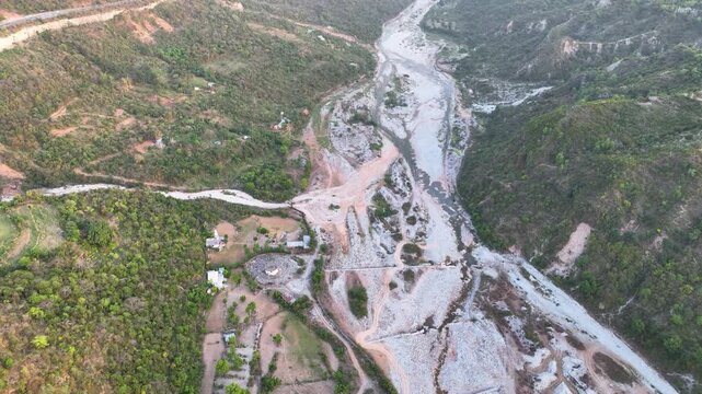 Aerial of dry riverbed in India illustrating drought and climate change. Water scarcity in India South Asia: