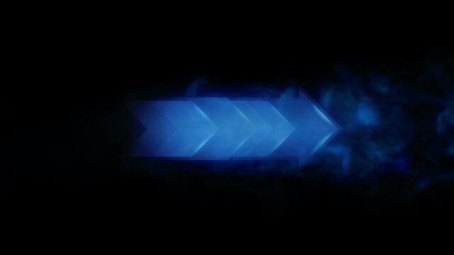 Glowing neon arrow pointing right moving back and forth, realistic blue flames animation on transparent background 4K