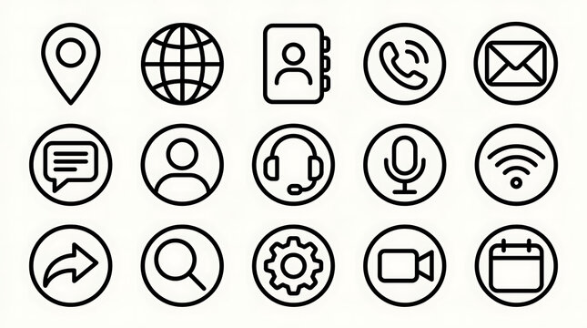 Icons representing communication and navigation tools are arranged in a clean grid layout for digital interfaces.