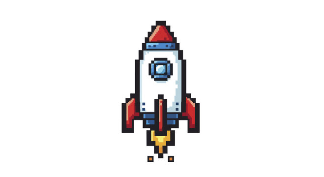 Pixel Art Rocket Ship Launching into Space.