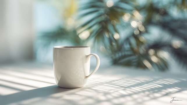 Simple white ceramic coffee mug on a sunlit table with shadow patterns and blurred tropical