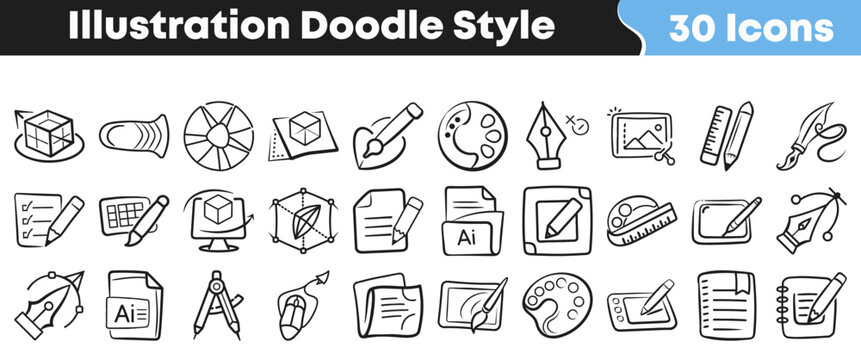 Set of hand drawn doodle icons for various design projects