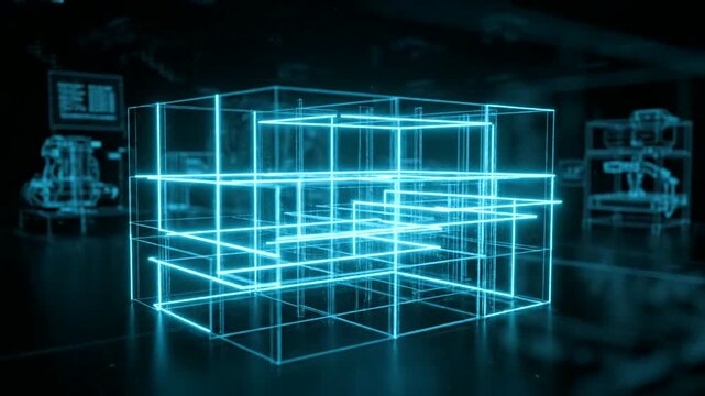 Neon blue glowing wireframe cube structure.