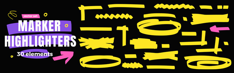 Naklejka na ściany i meble Text annotation marker shapes with felt tip highlighter pen in yellow for note and journal. Hand drawn text annotation patches and lines on black. Vector emphasis set isolated for trendy promo design.