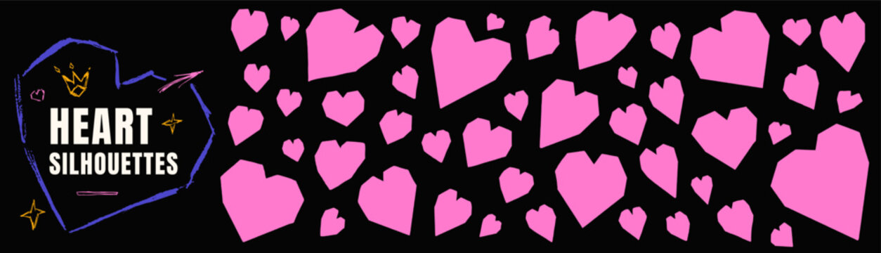 Heart shape silhouette with hearth flat love and drawn icon for valentine card. Simple pink hearts as romantic symbol on dark backdrop. Vector papercut figures in monochrome palette isolated.