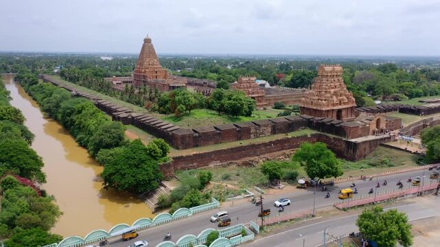 Aerial View of Periya Kovil Brihadeeswarar Temple in Thanjavur Tamil Nadu India