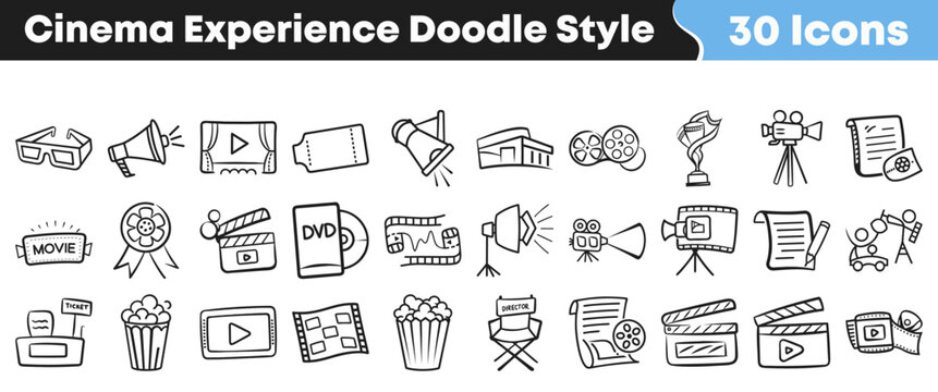 Hand drawn collection of various cinema and movie related icons