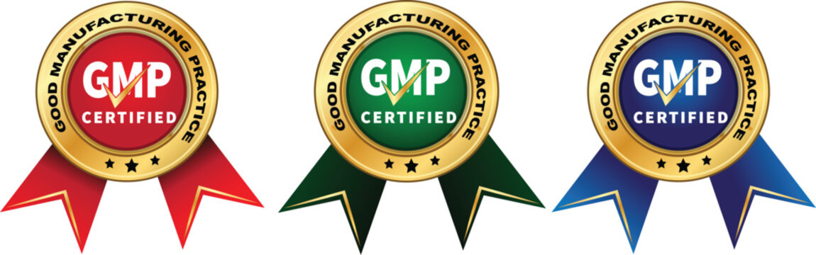 GMP Certified Icons Set Vector Good Manufacturing Practice Gold Medal Ribbon Label Quality Control Food Pharma Cosmetics Standards Production Industry Compliance Approval Stamp Emblem