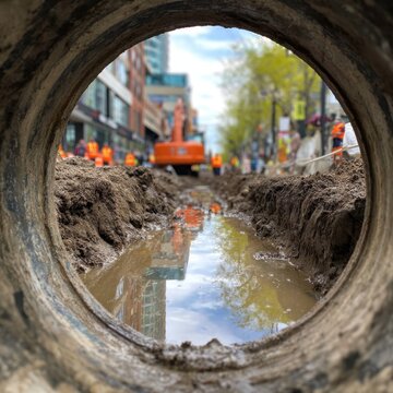 View through a large pipe of an urban construction site with muddy trenches, workers in high-visibility clothing, and heavy machinery on a city street on a cloudy da