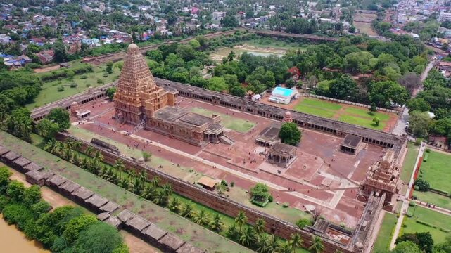 Aerial View of Periya Kovil Brihadeeswarar Temple in Thanjavur Tamil Nadu India