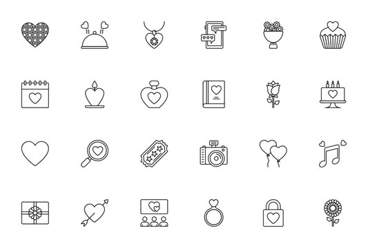 Valentine's Day icon set. Romantic vector icons pack. Minimalist line art. Includes chocolate box, romantic date, necklace, flower bouquet, cupcake, candle, perfume, love books, rose, cake, heart, gif