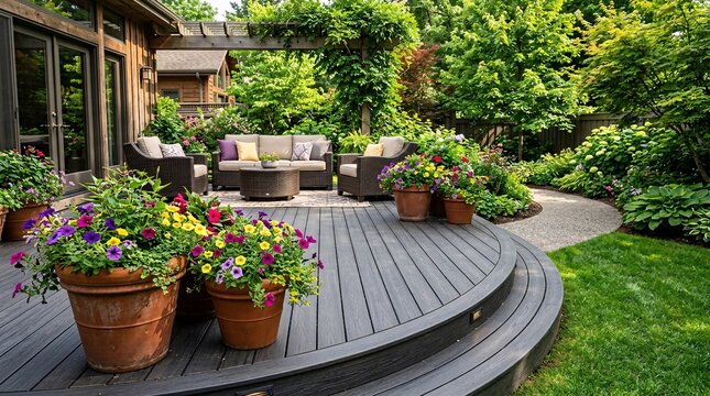 Beautiful backyard oasis featuring a curved modern composite wooden deck in dark charcoal grey, adorned with oversized terracotta pots.