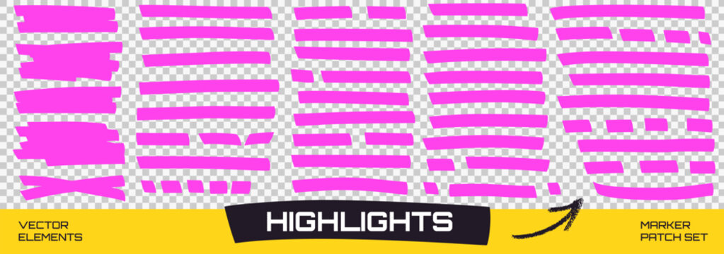 Fuchsia neon highlight marker stripes with straight bold lines and patch shapes. Hand drawn marker text patches with cross emphasis on swipes. Vector highlight pink set on checker backdrop as png.
