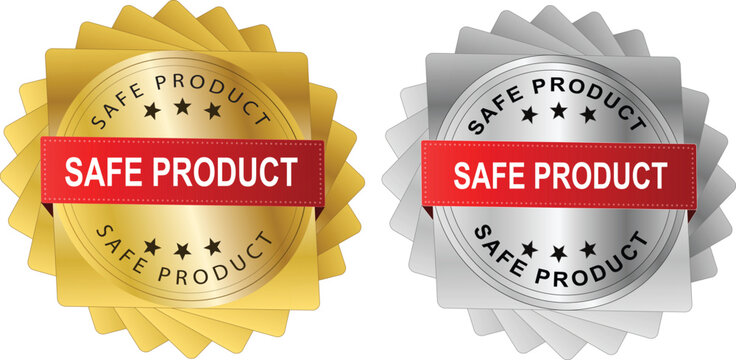 Safe Product Icons Set Vector Gold and Silver Premium Label Guarantee Stamp Certified Security Protection Red Ribbon Seal Quality Assurance Business E Commerce Packaging Badge Emblem