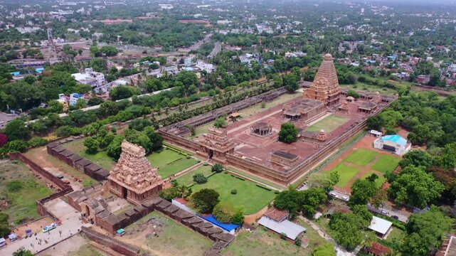 Aerial View of Periya Kovil Brihadeeswarar Temple in Thanjavur Tamil Nadu India