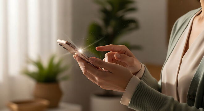 Woman using smartphone in modern home.
