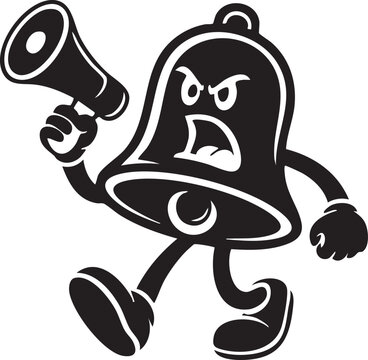 Angry cartoon bell character holding megaphone with furious face shouting for attention vector illustration isolated on transparent background.
