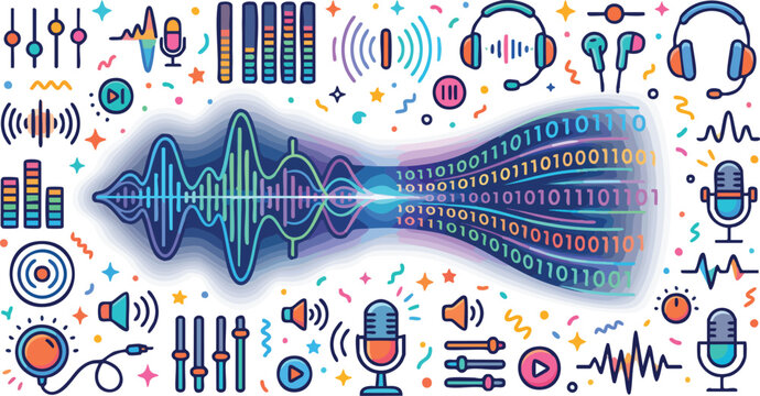 Digital audio processing icons with sound wave and binary code