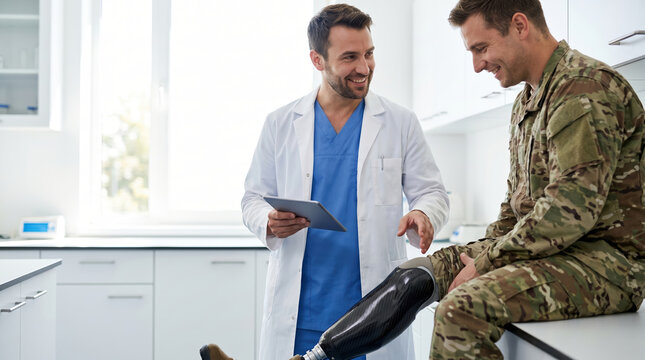 A doctor and a soldier are in a clinic discussing the soldier's new prosthetic leg. The soldier sits on a bench while the doctor uses a tablet to aid the conversation about recovery options