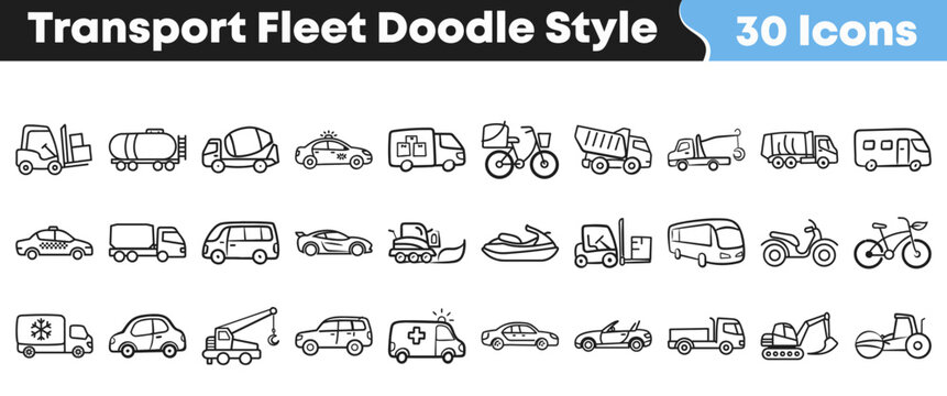 Collection of hand drawn doodle style transportation fleet vehicle icons