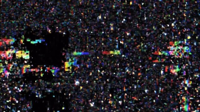Futuristic pixel noise overlay with heavy glitch distortion and animated electronic static, flashing RGB corruption and broken digital signal effects on a dark background.